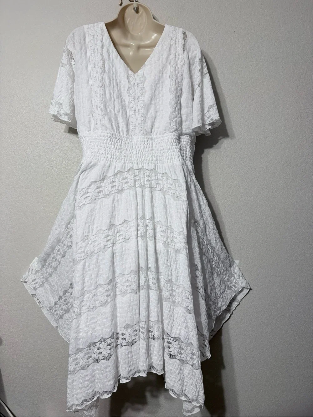 Rabbit White Lace Ethereal Boho Dress Handkerchief Hem Dolman Flutter Sleeves